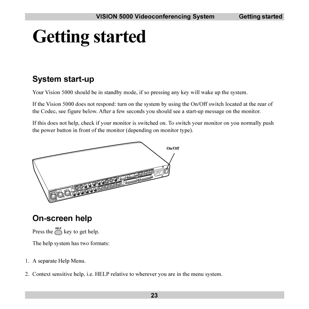 TANDBERG user manual System start-up, On-screen help, Vision 5000 Videoconferencing System Getting started 