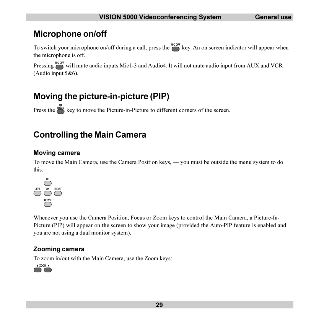 TANDBERG 5000 user manual Microphone on/off, Moving the picture-in-picture PIP, Controlling the Main Camera 