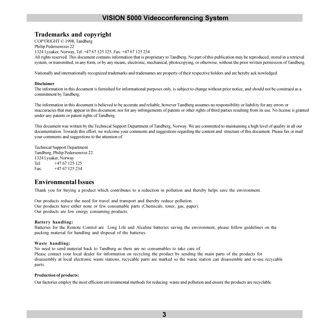 TANDBERG 5000 user manual Environmental Issues, Lysaker, Norway, Tel +47 67 125 125, Fax +47 67 125 