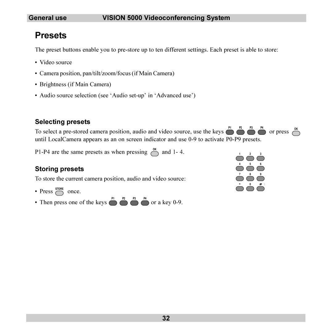 TANDBERG 5000 user manual Presets, Selecting presets, Storing presets 