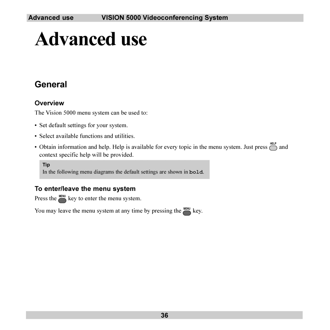 TANDBERG General, Advanced use Vision 5000 Videoconferencing System, Overview, To enter/leave the menu system 