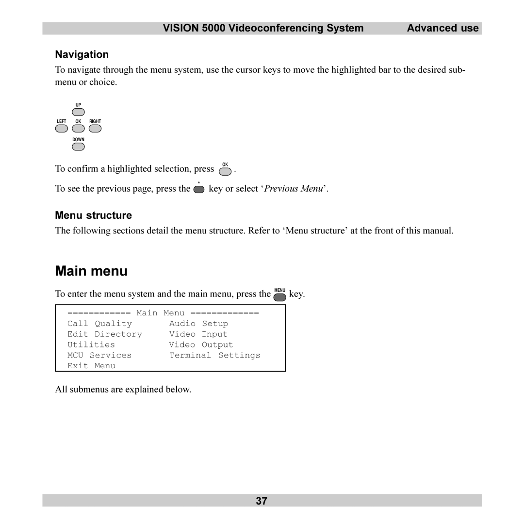 TANDBERG 5000 user manual Main menu, Menu structure, All submenus are explained below 