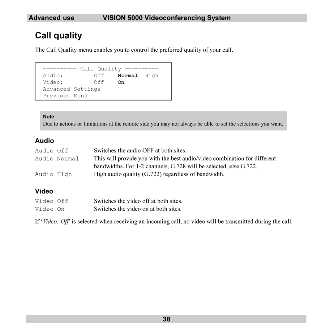 TANDBERG 5000 user manual Call quality, Audio, Video 