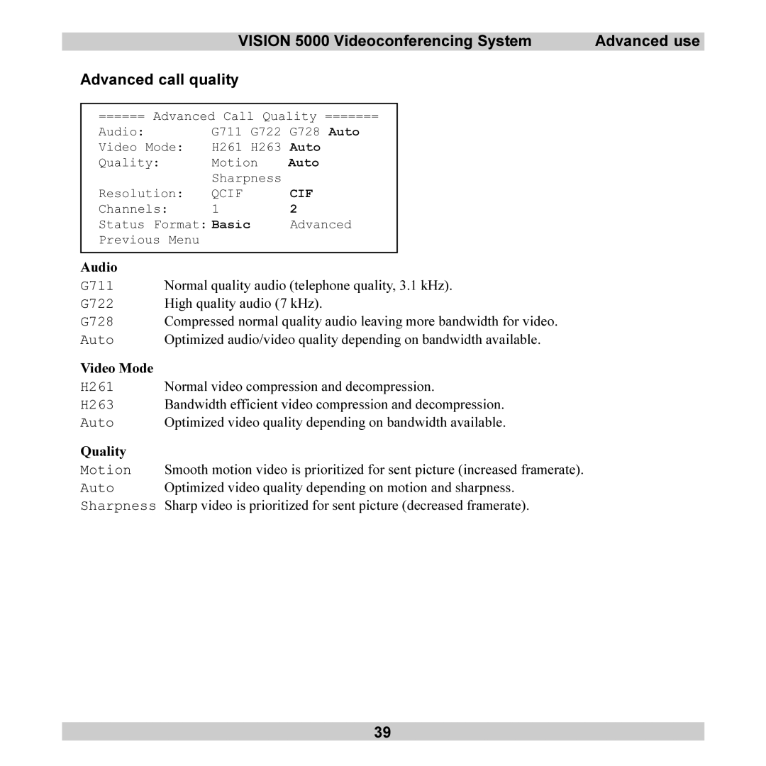 TANDBERG 5000 user manual Audio, Video Mode, Quality, Motion, Auto 