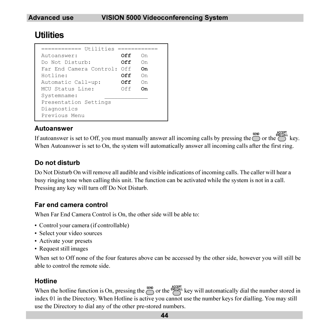 TANDBERG 5000 user manual Utilities, Autoanswer, Do not disturb, Far end camera control, Hotline 