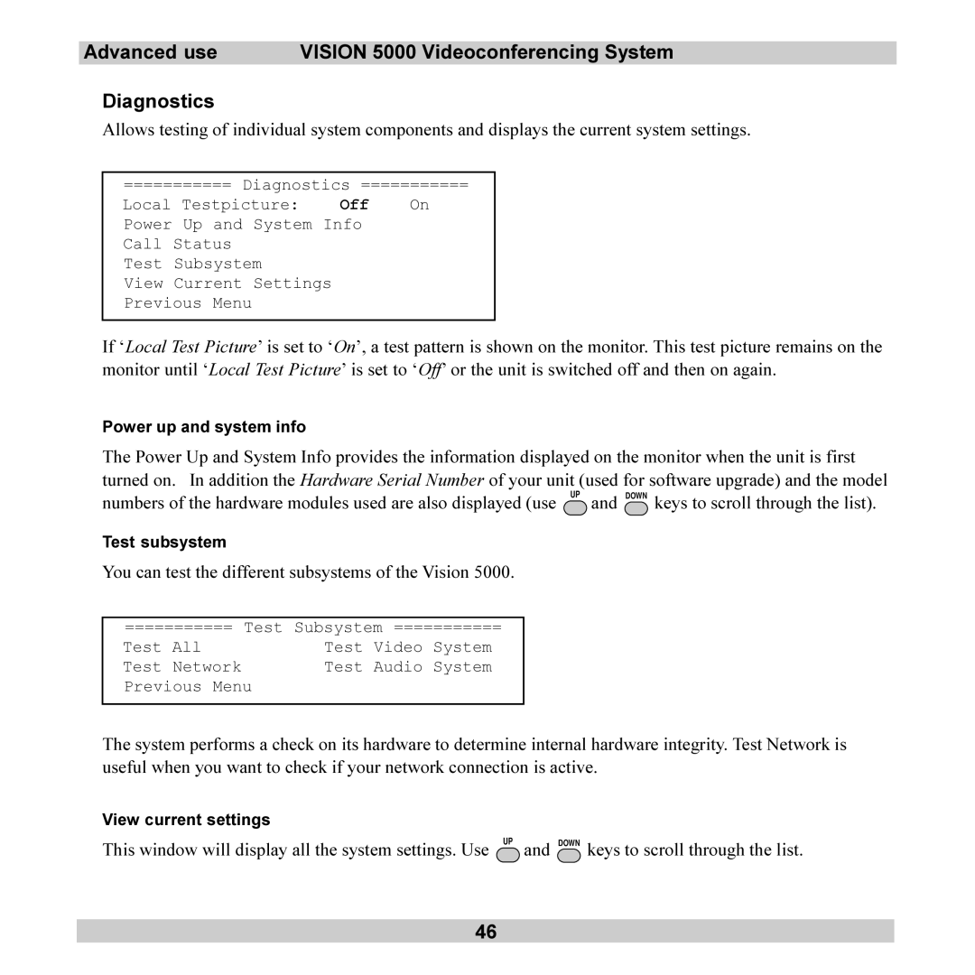 TANDBERG 5000 user manual You can test the different subsystems of the Vision, Power up and system info, Test subsystem 