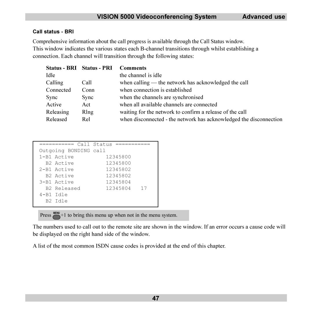 TANDBERG 5000 user manual Status BRI Status PRI Comments, Call status BRI 