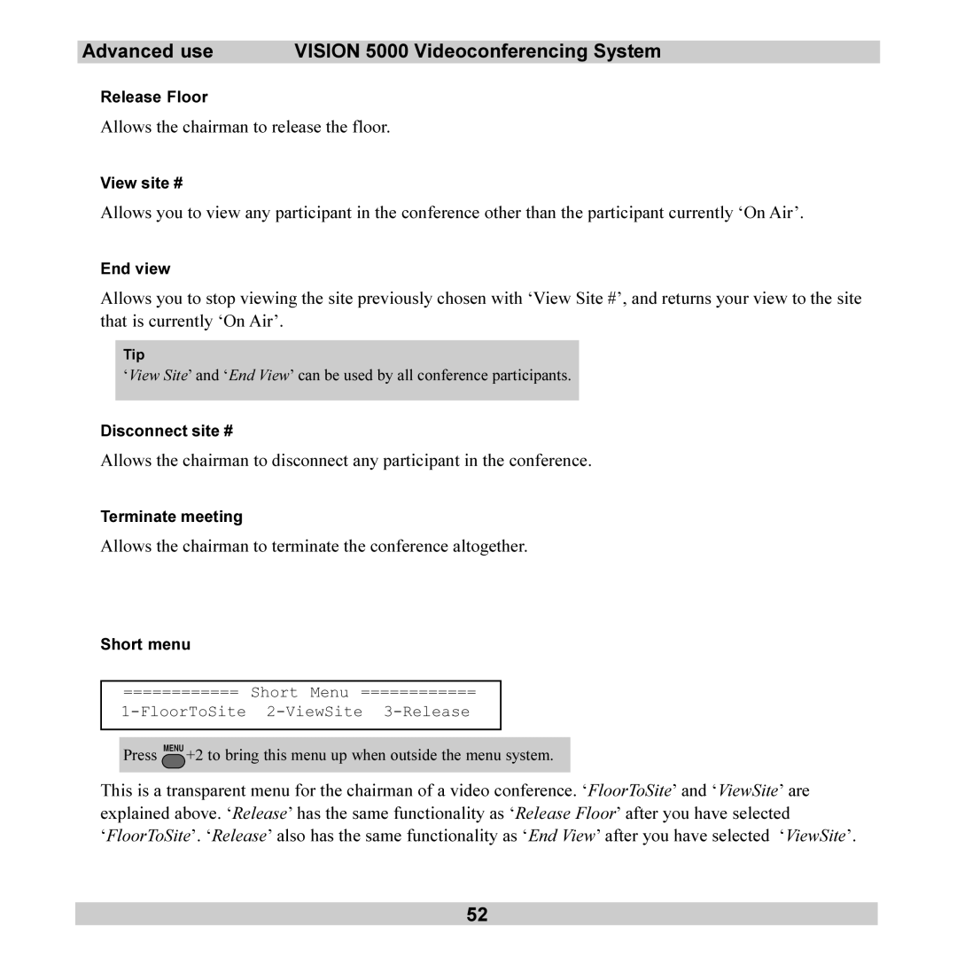 TANDBERG 5000 Allows the chairman to release the floor, Allows the chairman to terminate the conference altogether 