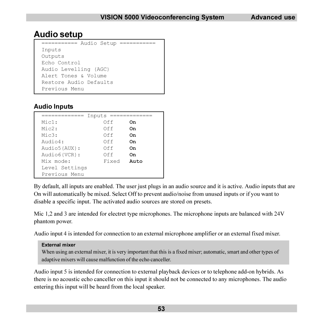 TANDBERG 5000 user manual Audio setup, Audio Inputs 