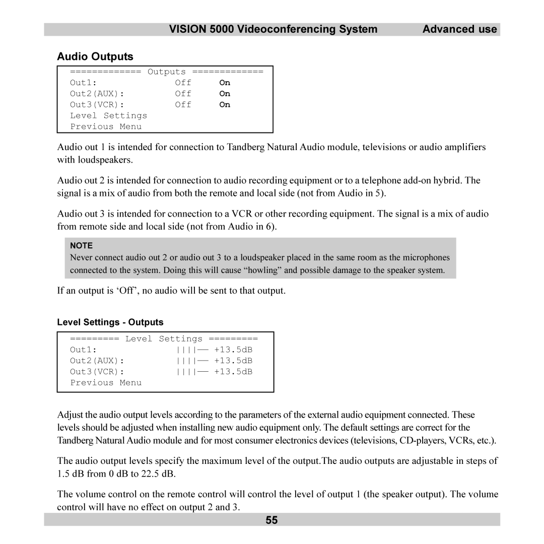 TANDBERG 5000 user manual If an output is ‘Off’, no audio will be sent to that output, Level Settings Outputs 