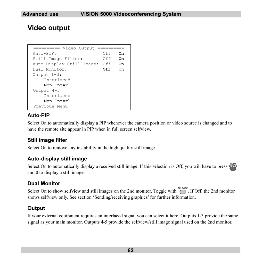 TANDBERG 5000 user manual Video output 