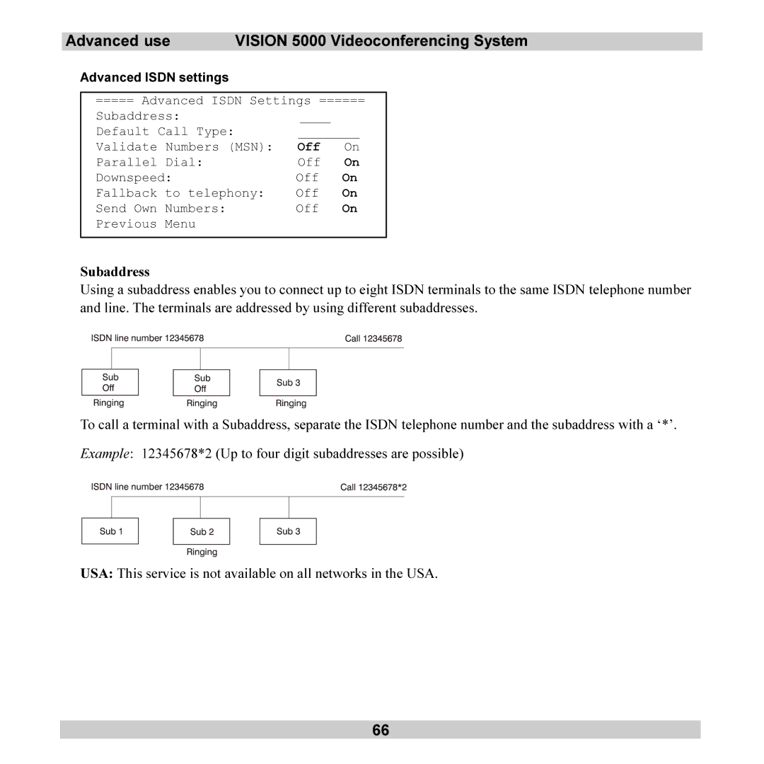 TANDBERG 5000 user manual Subaddress, Advanced Isdn settings 