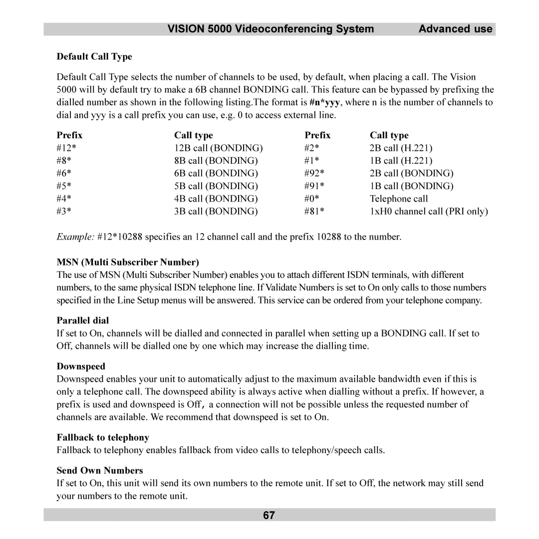 TANDBERG 5000 user manual Default Call Type, MSN Multi Subscriber Number, Parallel dial, Downspeed, Fallback to telephony 