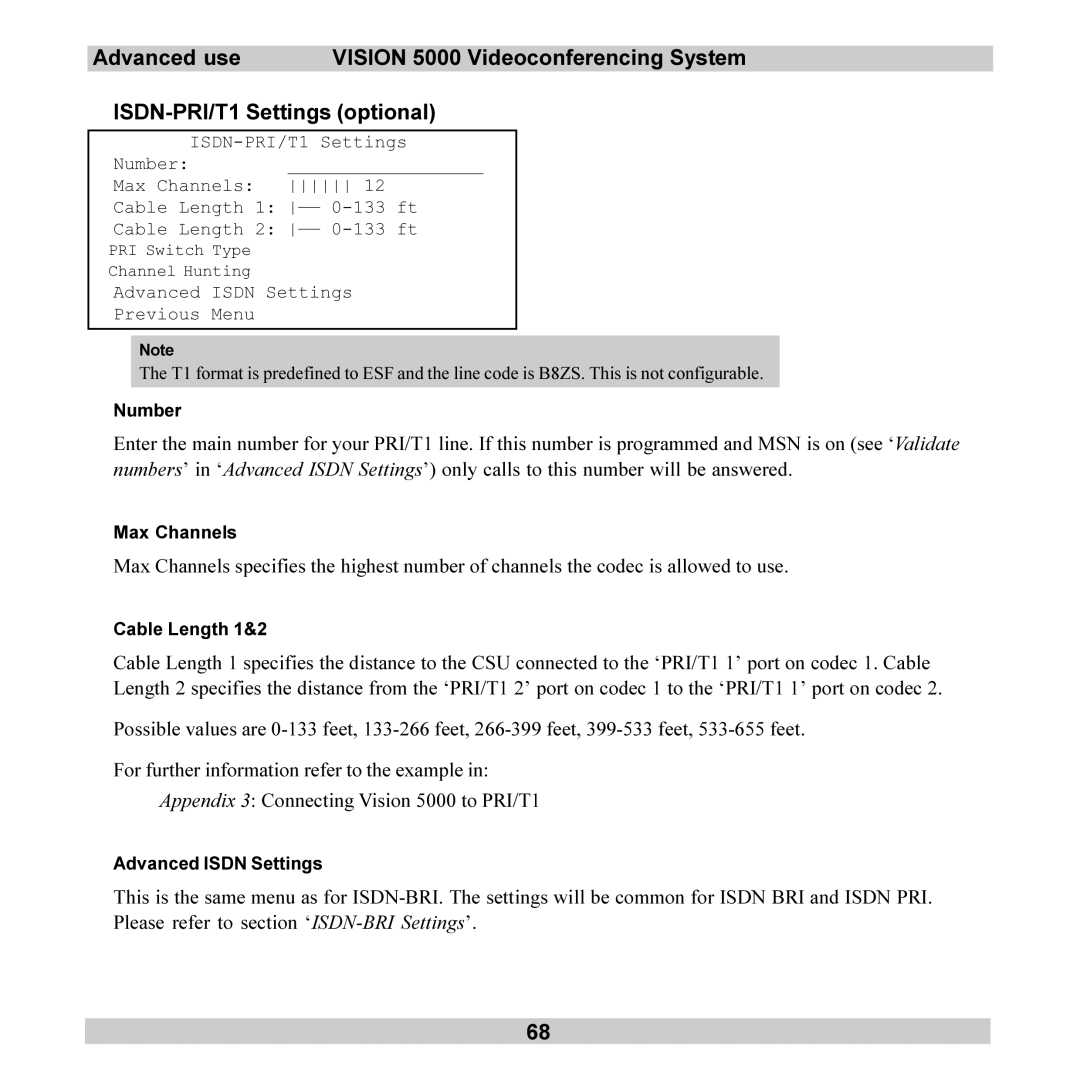 TANDBERG 5000 user manual Number, Max Channels, Cable Length 1&2 