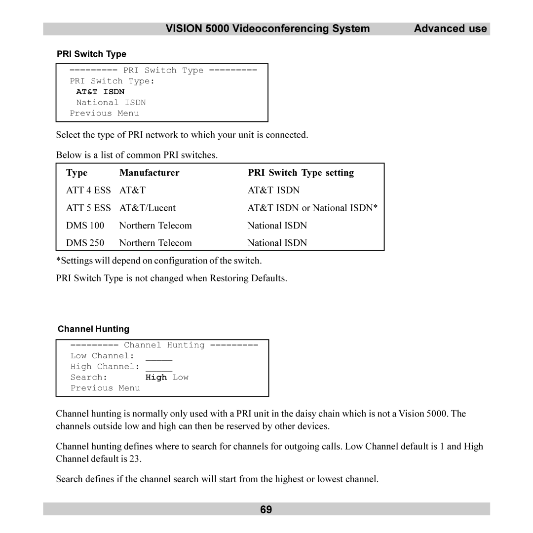 TANDBERG 5000 user manual Type Manufacturer PRI Switch Type setting, AT&T Isdn National Isdn, Channel Hunting 