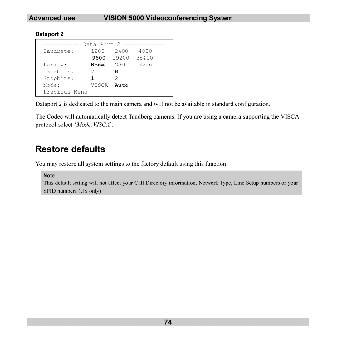 TANDBERG 5000 user manual Restore defaults, Auto 