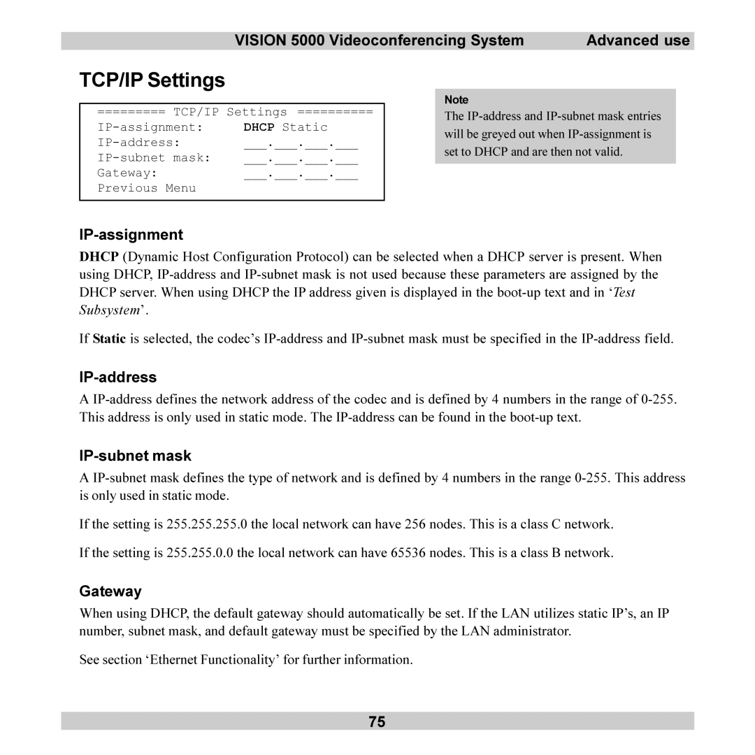 TANDBERG 5000 user manual TCP/IP Settings, IP-assignment, IP-address, IP-subnet mask, Gateway 