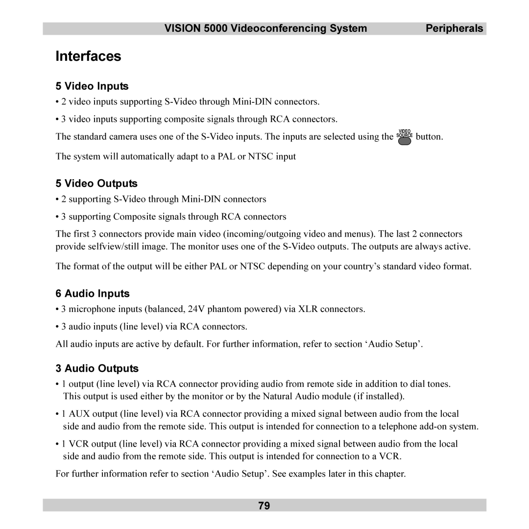 TANDBERG user manual Interfaces, Vision 5000 Videoconferencing System Peripherals, Video Inputs, Video Outputs 