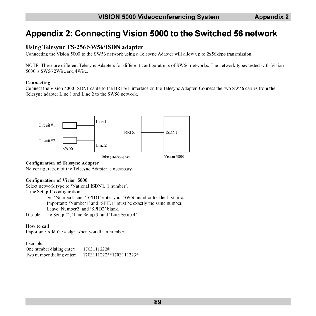 TANDBERG user manual Vision 5000 Videoconferencing System Appendix, Using Telesync TS-256 SW56/ISDN adapter 