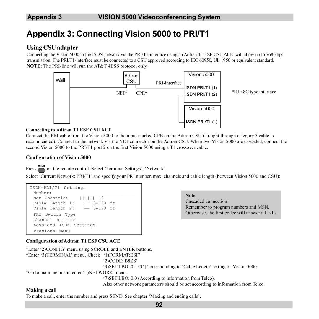 TANDBERG Appendix 3 Connecting Vision 5000 to PRI/T1, Using CSU adapter, Configuration ofAdtran T1 ESF Csuace 