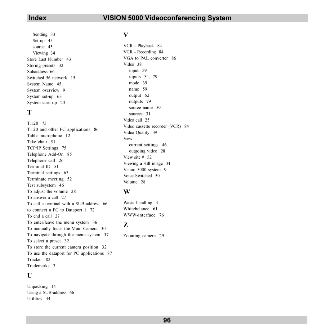 TANDBERG user manual Index Vision 5000 Videoconferencing System 