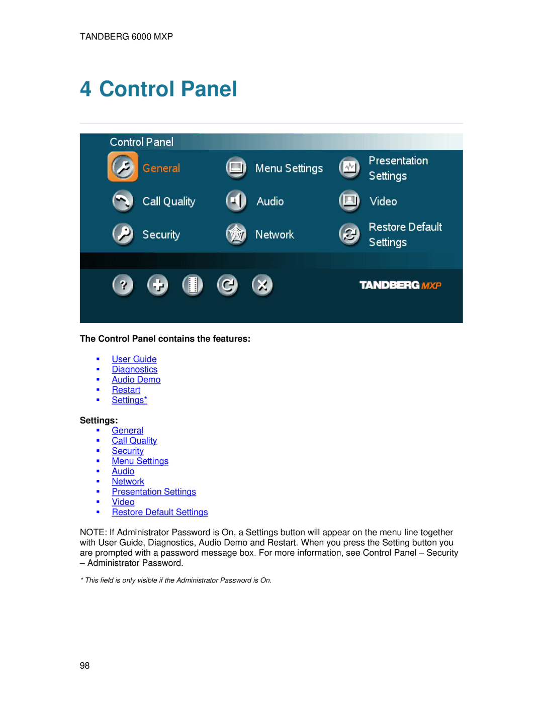 TANDBERG 6000 MXP user manual Control Panel contains the features, Settings 