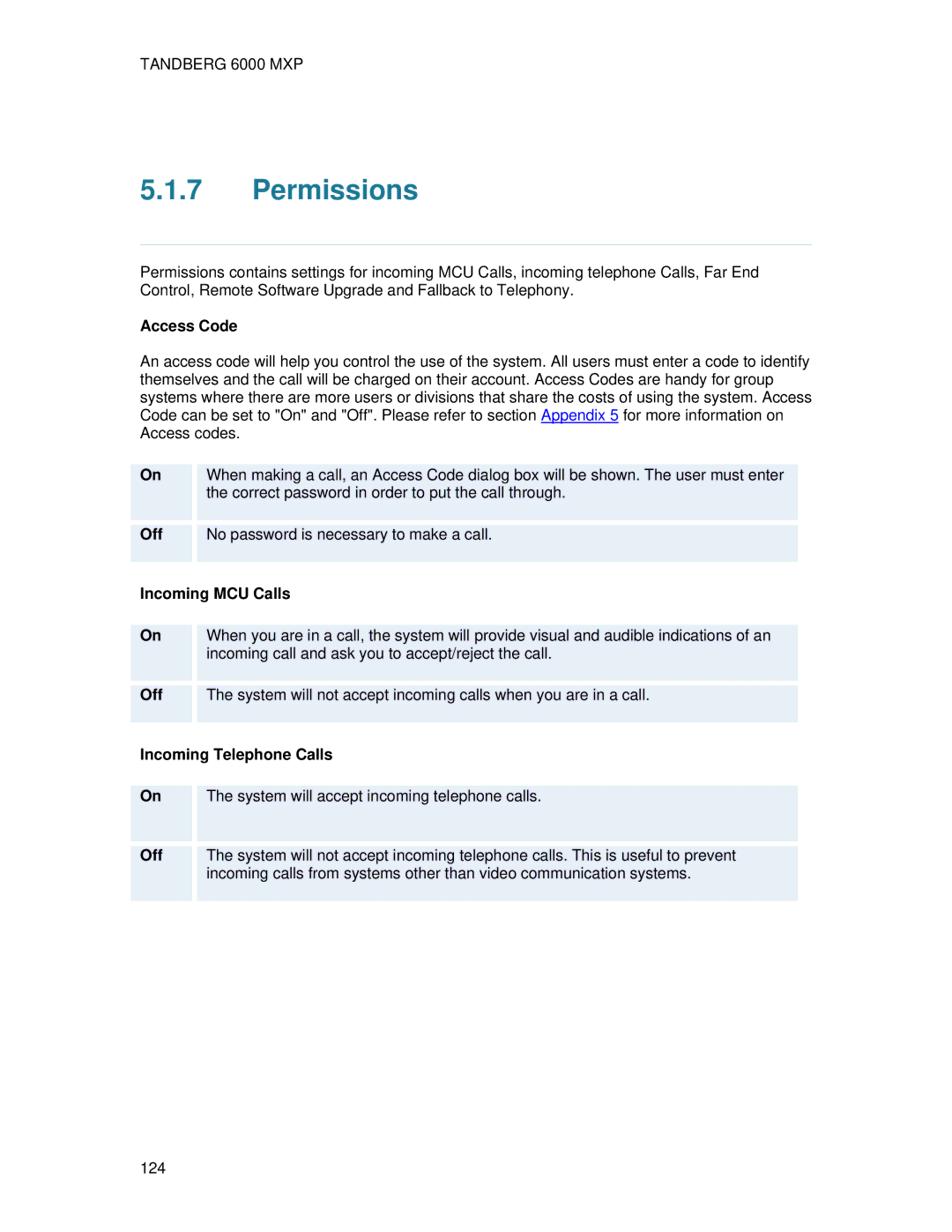 TANDBERG 6000 MXP user manual Permissions, Access Code, Incoming MCU Calls, Incoming Telephone Calls 