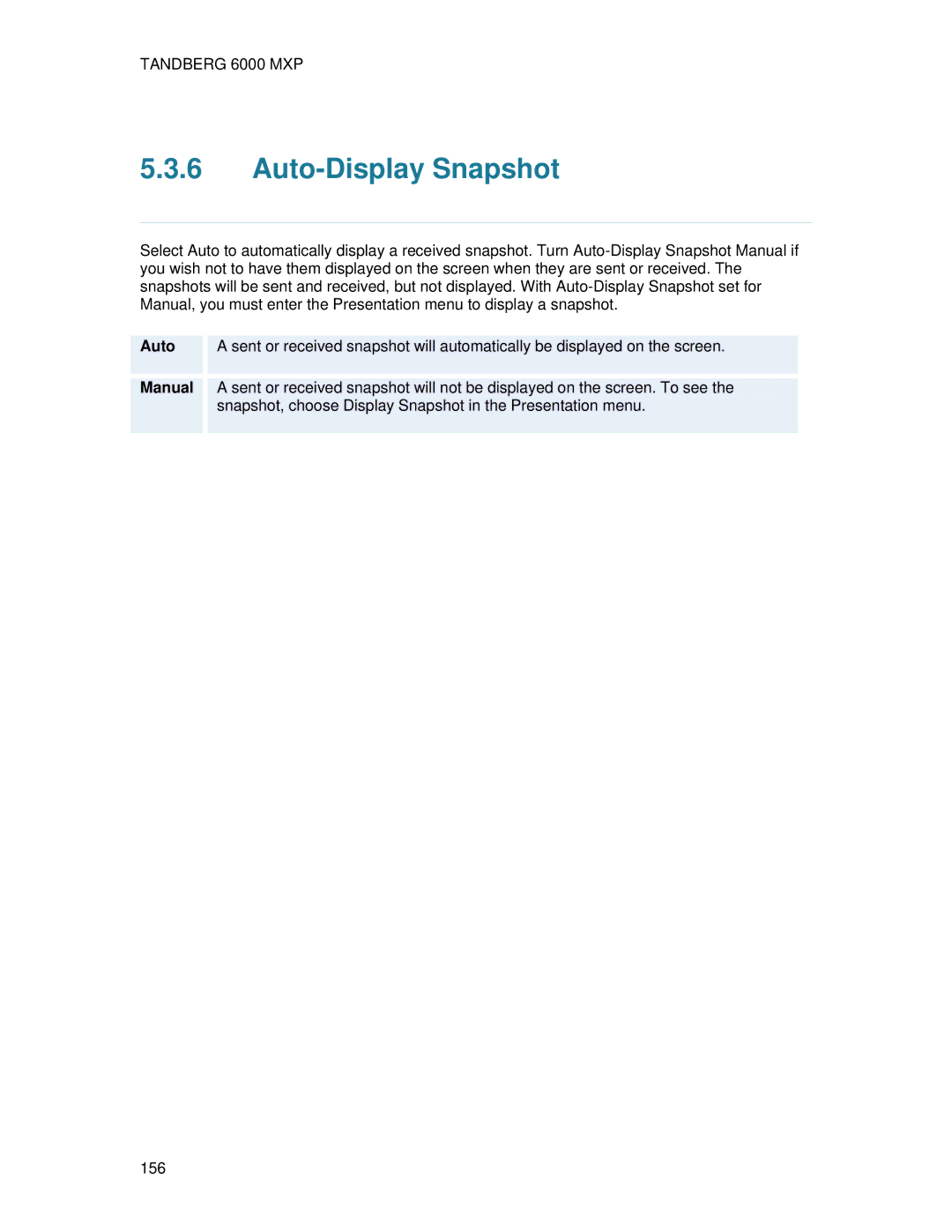 TANDBERG 6000 MXP user manual Auto-Display Snapshot 