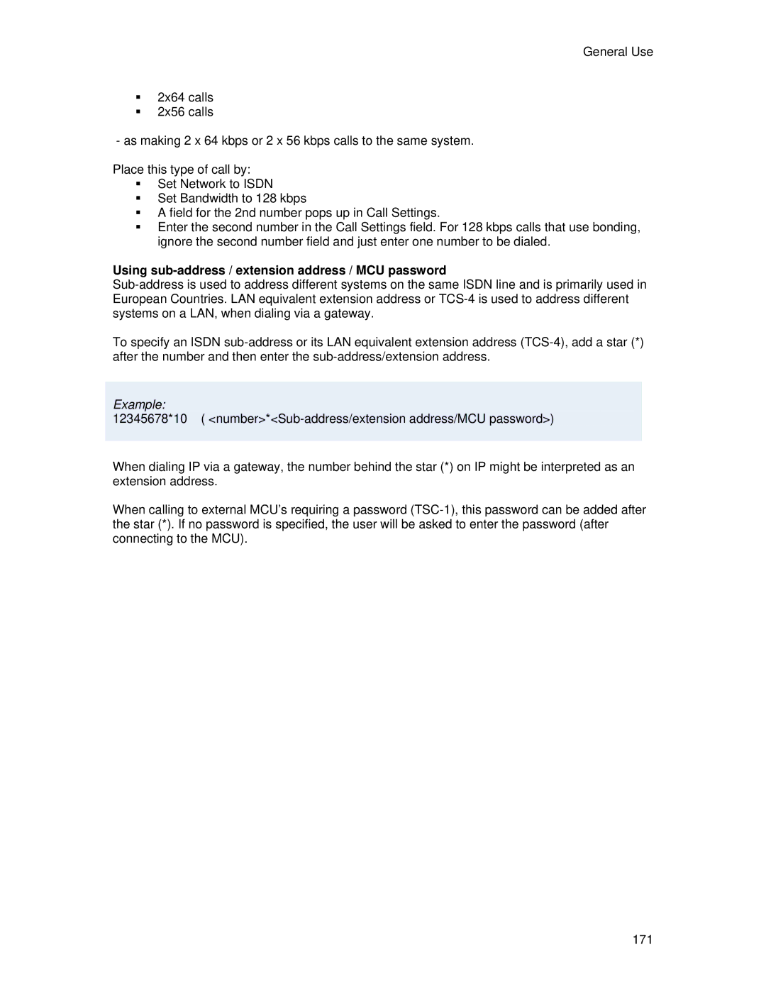 TANDBERG 6000 MXP user manual Using sub-address / extension address / MCU password, Example 