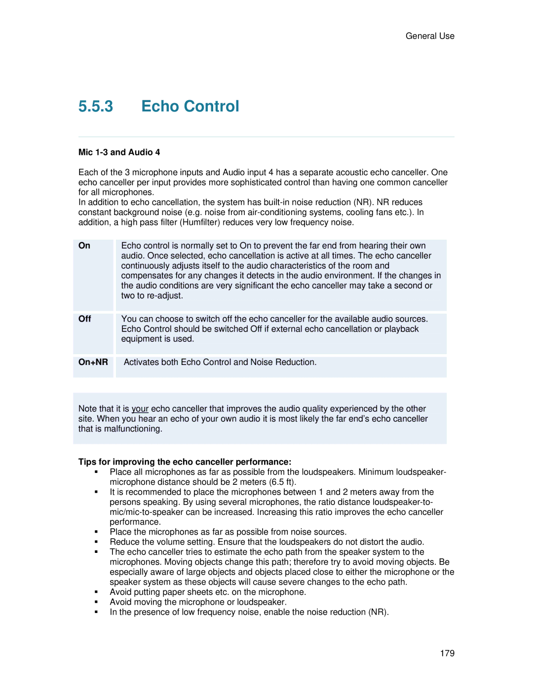 TANDBERG 6000 MXP user manual Echo Control, Mic 1-3 and Audio, On+NR, Tips for improving the echo canceller performance 