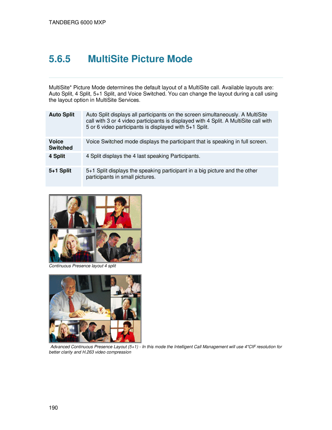 TANDBERG 6000 MXP user manual MultiSite Picture Mode, Auto Split, Voice, Switched Split, +1 Split 