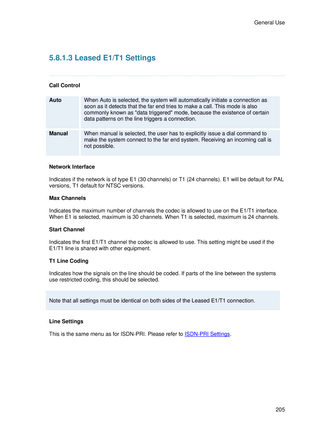 TANDBERG 6000 MXP user manual Leased E1/T1 Settings 