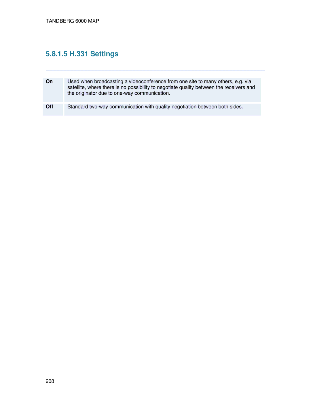 TANDBERG 6000 MXP user manual 1.5 H.331 Settings, Off 