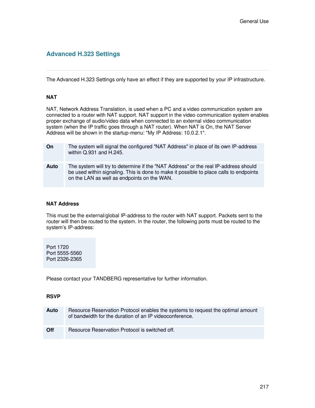 TANDBERG 6000 MXP user manual Advanced H.323 Settings, NAT Address 