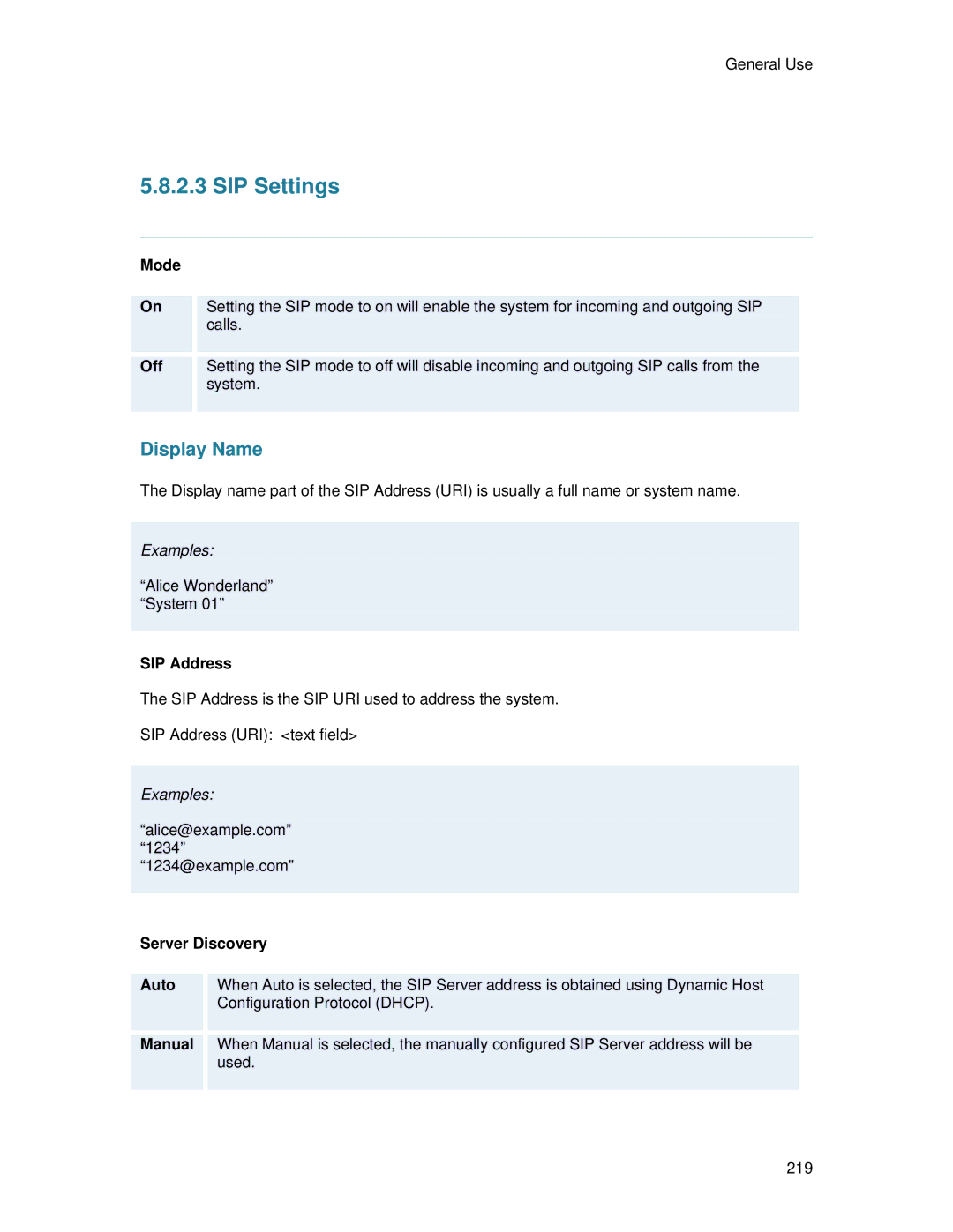 TANDBERG 6000 MXP user manual SIP Settings, SIP Address, Server Discovery Auto 