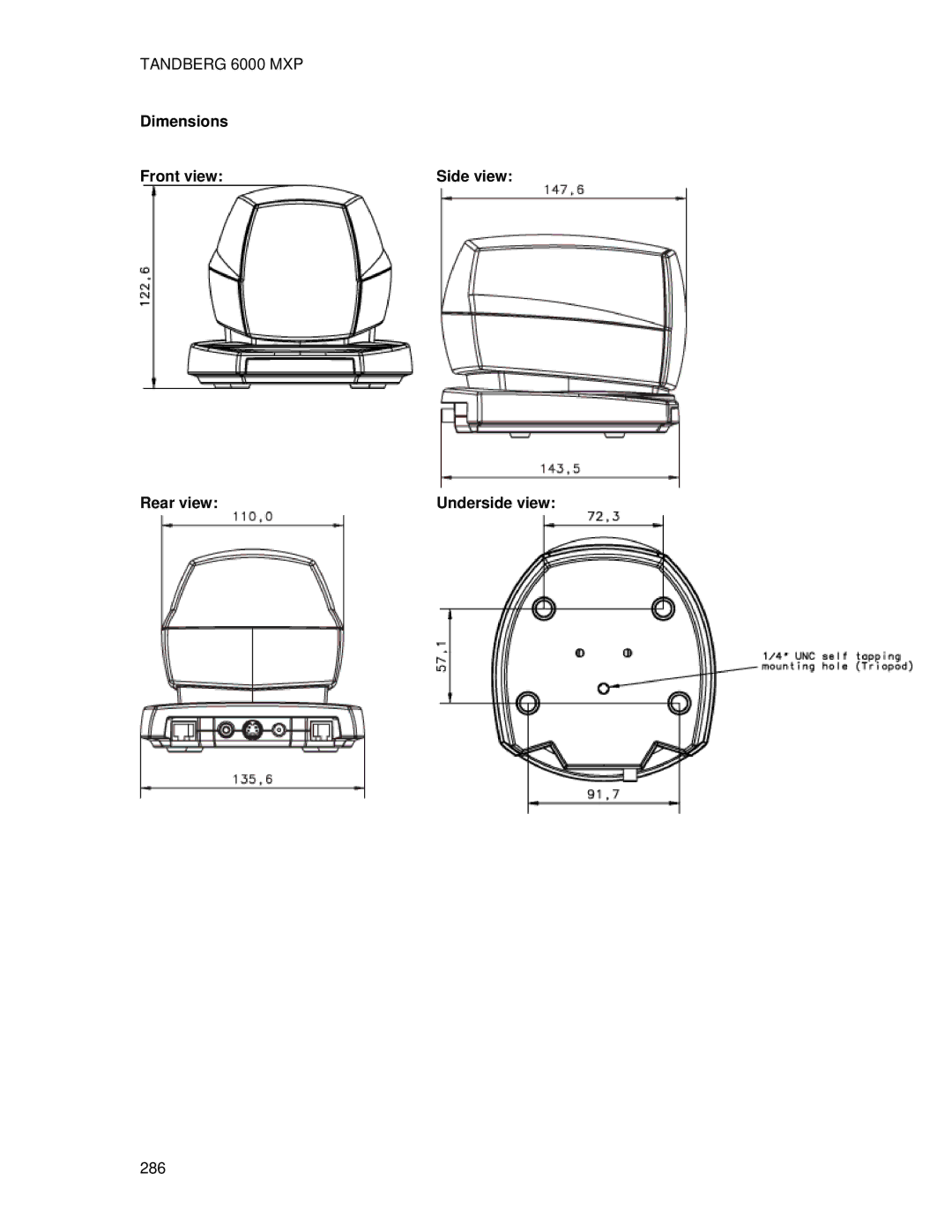 TANDBERG 6000 MXP user manual Dimensions Front view, Rear view Underside view 