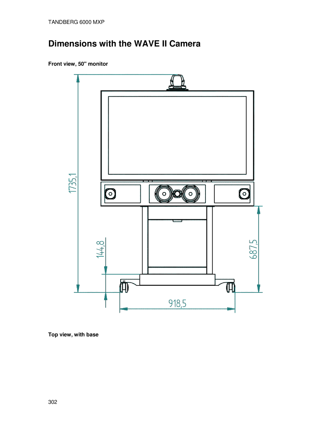 TANDBERG 6000 MXP user manual Dimensions with the Wave II Camera, Front view, 50 monitor Top view, with base 