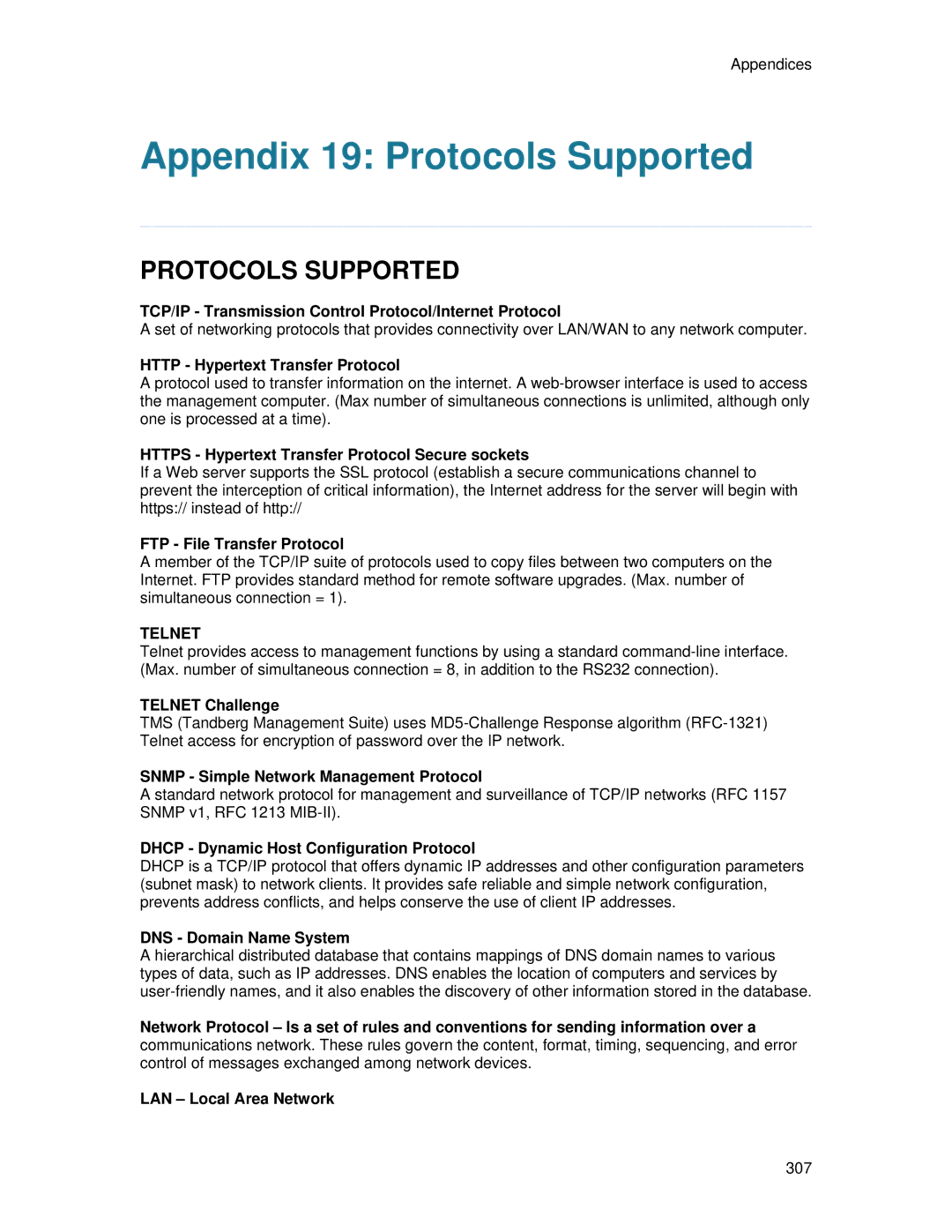 TANDBERG 6000 MXP user manual Appendix 19 Protocols Supported 