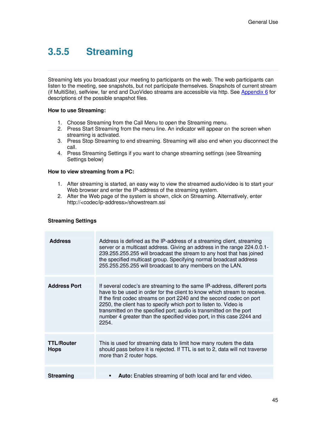 TANDBERG 6000 MXP user manual Streaming 