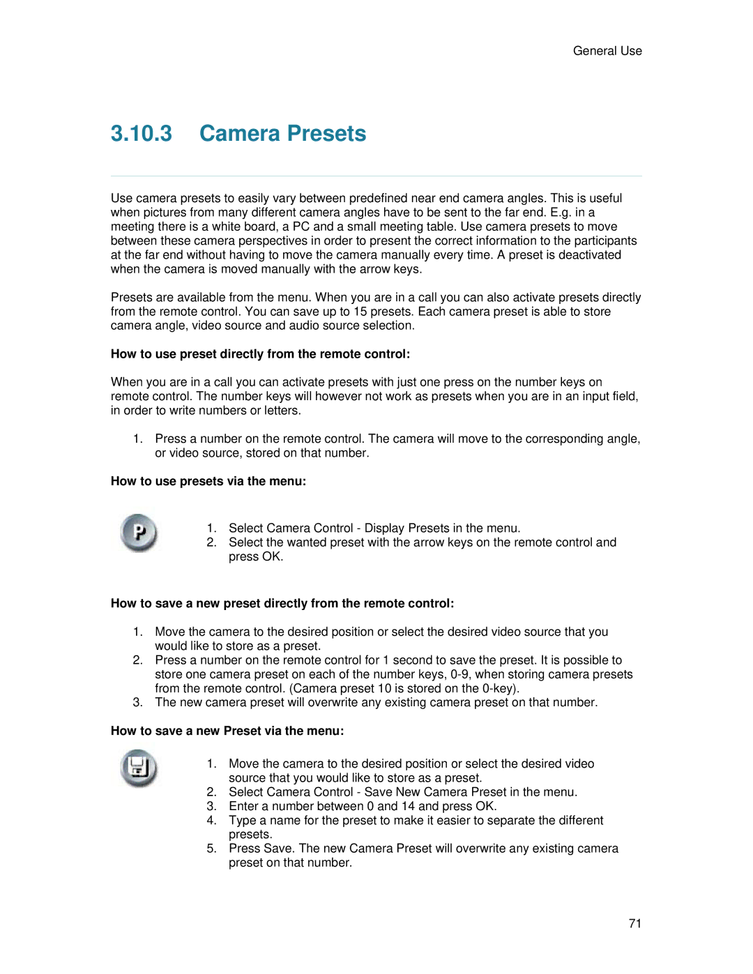 TANDBERG 6000 MXP Camera Presets, How to use preset directly from the remote control, How to use presets via the menu 