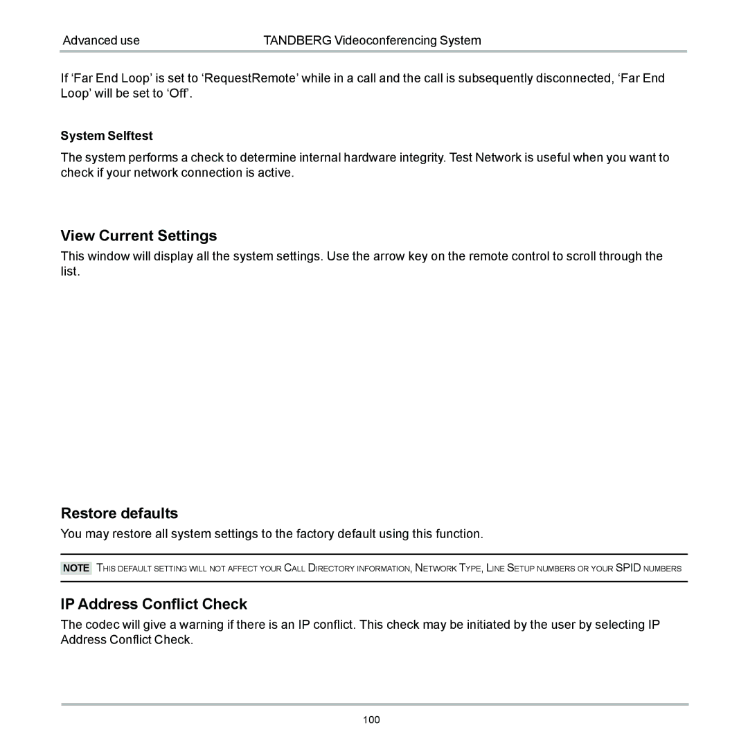 TANDBERG 6000 user manual View Current Settings, Restore defaults, IP Address Conflict Check 