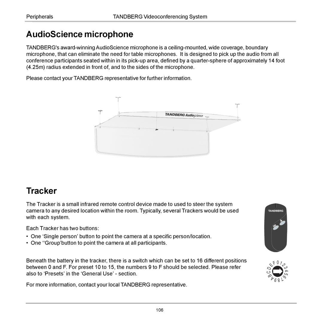 TANDBERG 6000 user manual AudioScience microphone, Tracker 