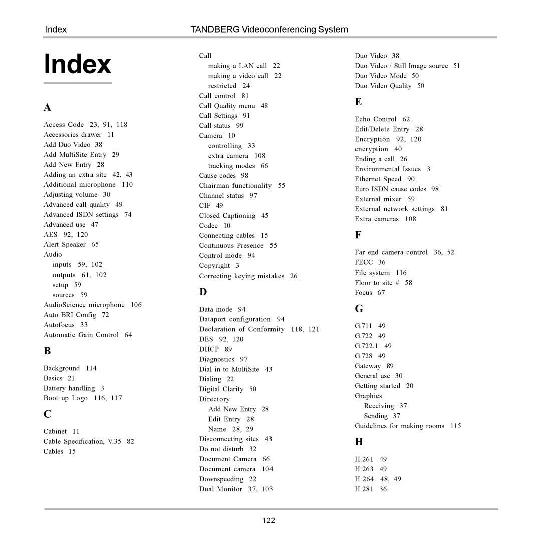 TANDBERG 6000 user manual Index 