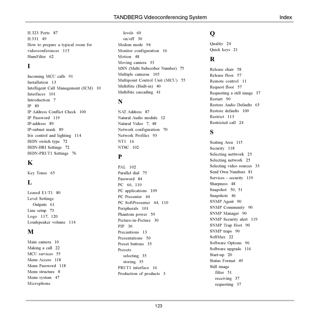 TANDBERG 6000 user manual Tandberg Videoconferencing System Index 