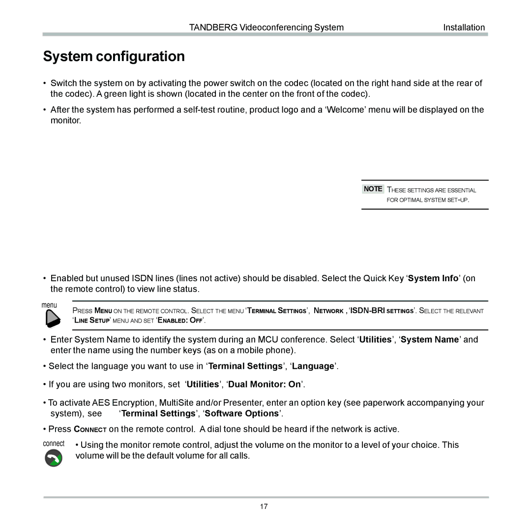 TANDBERG 6000 user manual System configuration, Menu 