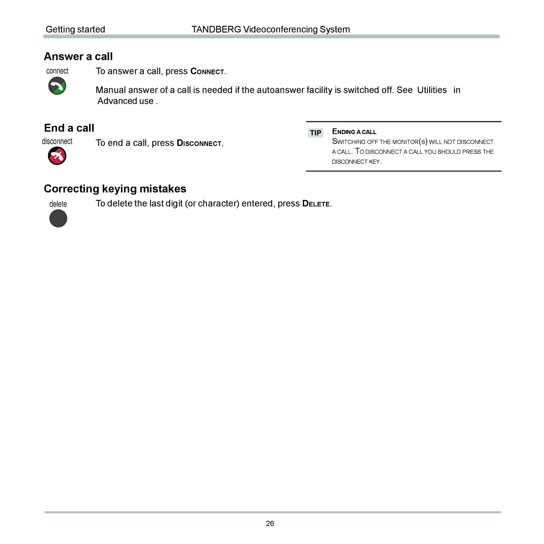 TANDBERG 6000 user manual Answer a call, End a call, Correcting keying mistakes 