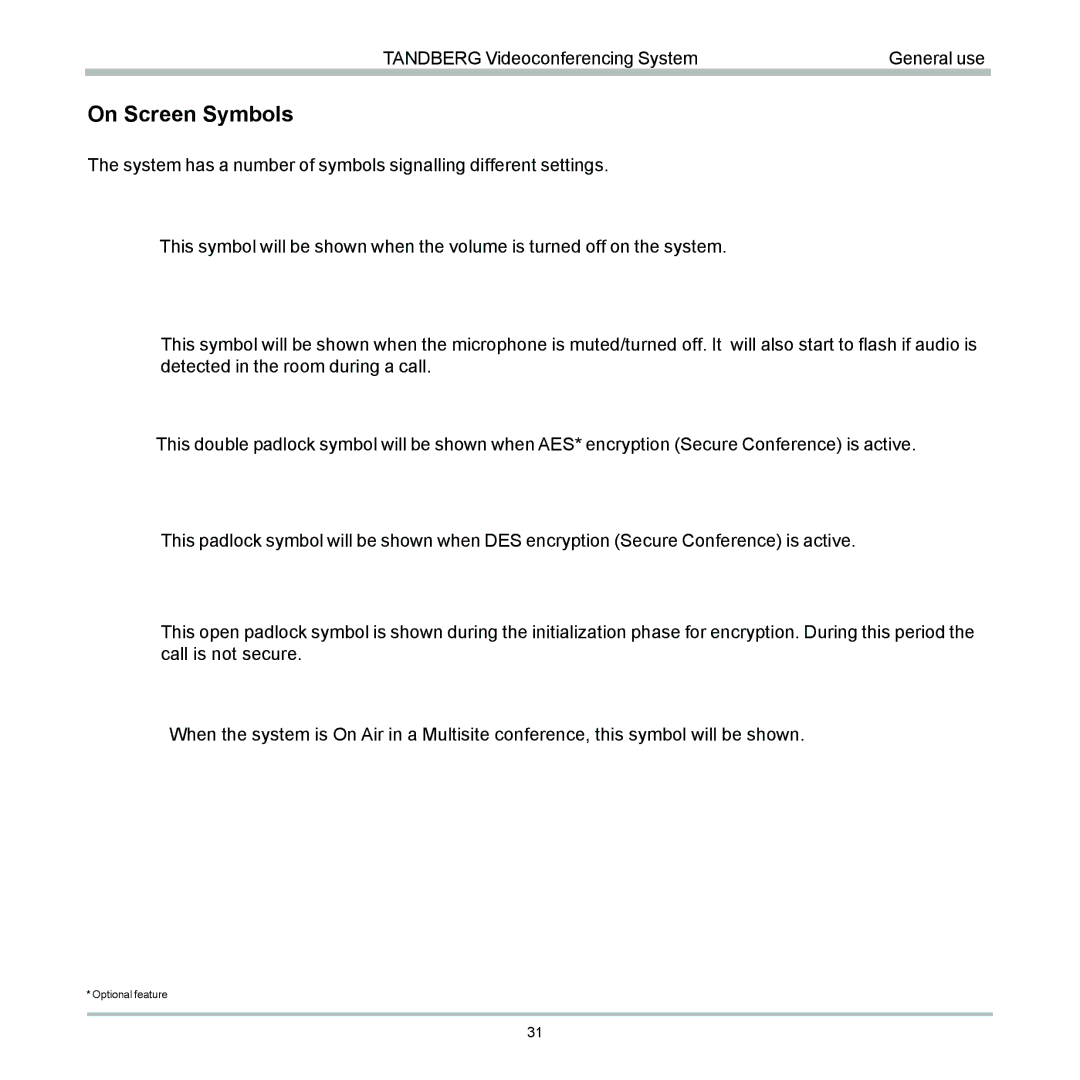 TANDBERG 6000 user manual On Screen Symbols 