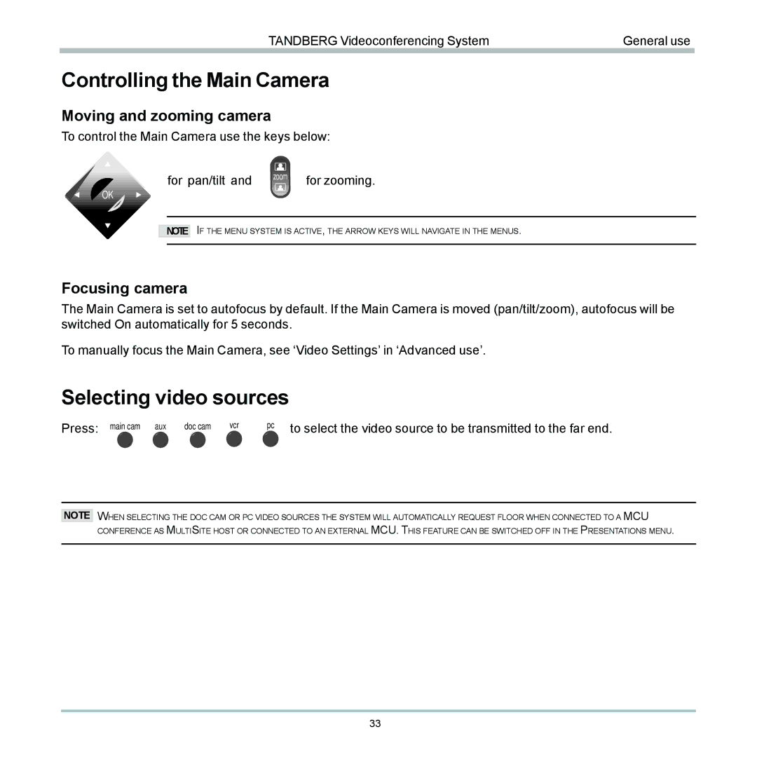 TANDBERG 6000 user manual Controlling the Main Camera, Selecting video sources, Moving and zooming camera, Focusing camera 