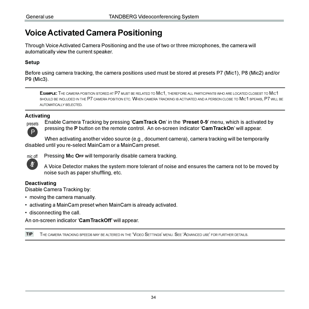 TANDBERG 6000 user manual Voice Activated Camera Positioning 