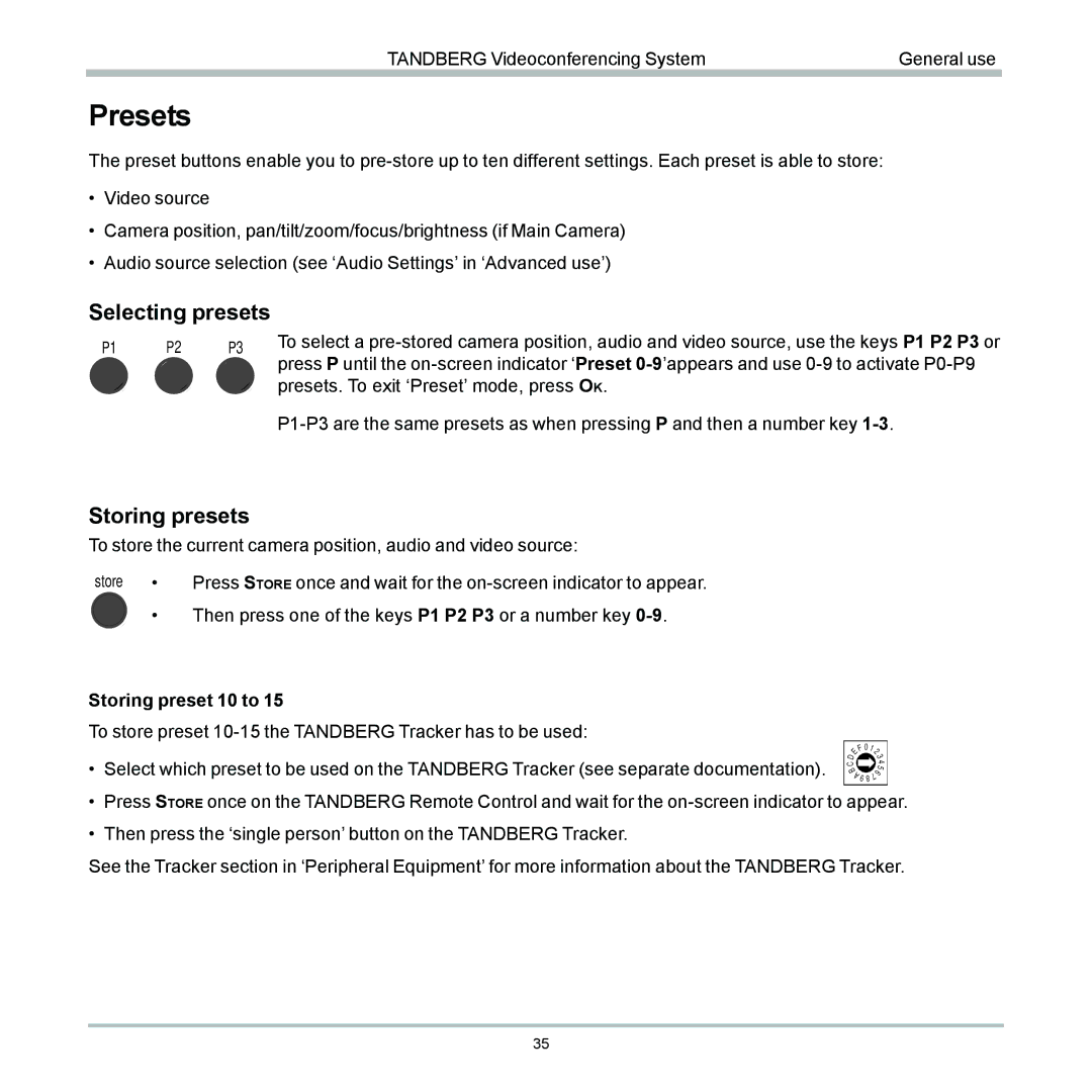 TANDBERG 6000 user manual Presets, Selecting presets, Storing presets 